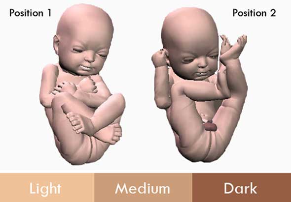 Impresión 3d réplica de feto bebe en tres colores de piel diferentes